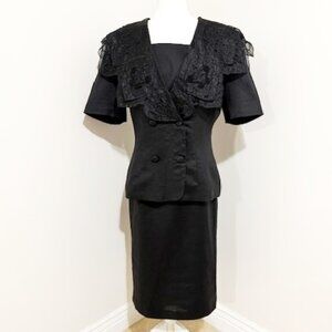 Sassy Doll Classic Black Linen Skirt Suit Set w/ Lace & Bead Accents Size 16